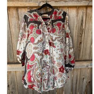 JOHNNY WAS 100% silk TOP Size L paisley floral black red white roll tab sleeve